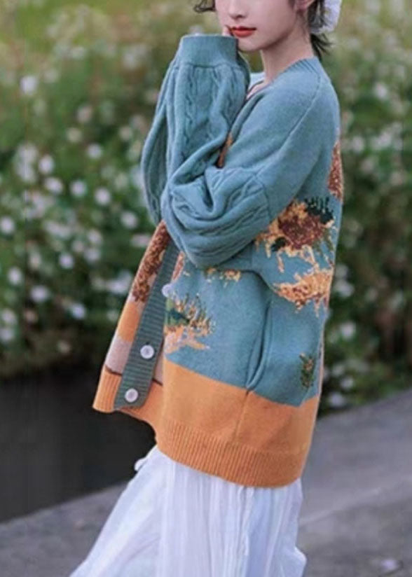 Bohemian Green Floral Button Cotton Knit Sweaters Coats Fall