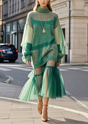 Bohemian Green High Neck Patchwork Tulle Knitted Dress Fall