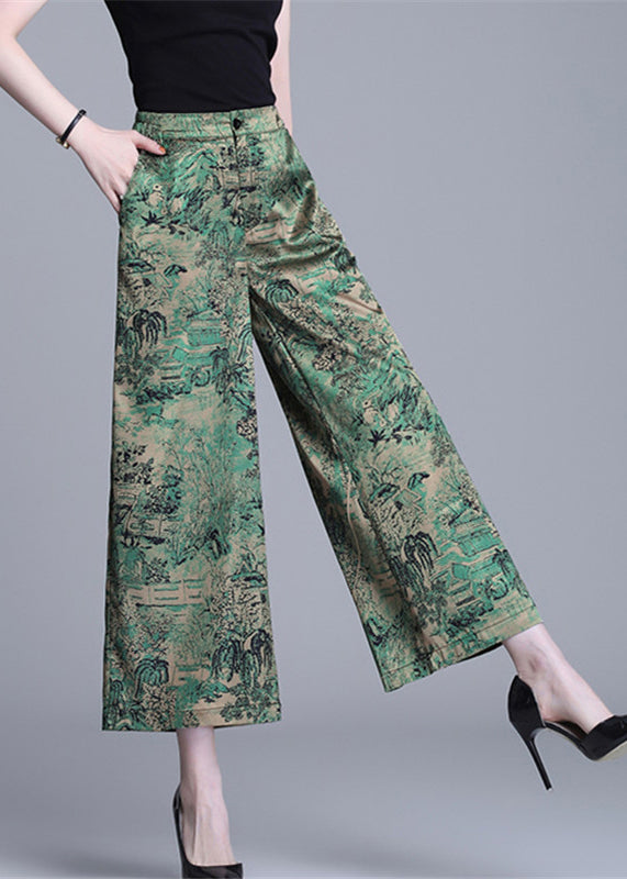 Bohemian Green High Waist Print Silk Wide Leg Pants Summer