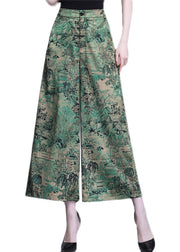 Bohemian Green High Waist Print Silk Wide Leg Pants Summer