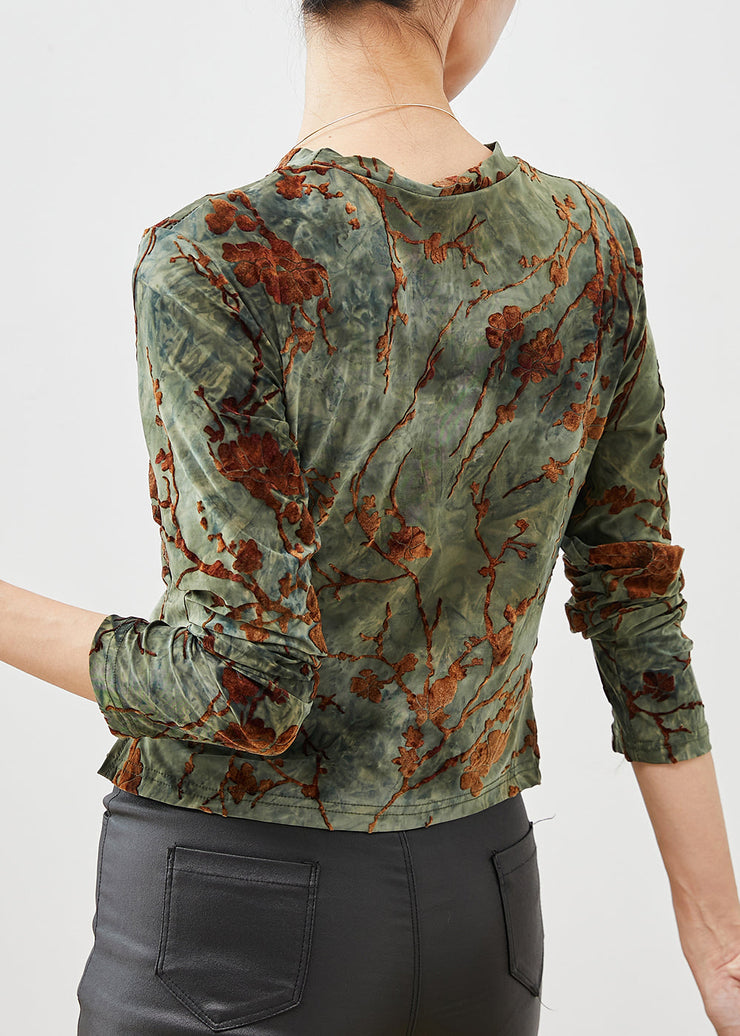 Bohemian Green Jacquard Asymmetrical Silm Fit Velour Blouses Spring