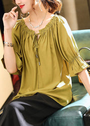 Bohemian Green O-Neck Drawstring Solid Top Summer