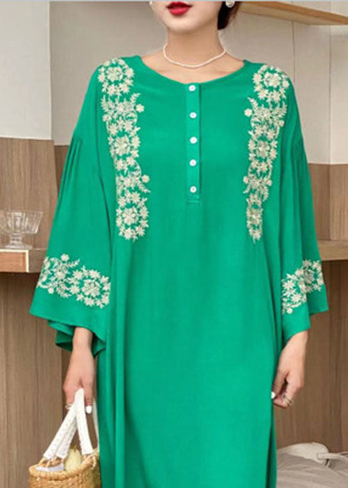 Bohemian Green O-Neck Embroideried Cotton Dress Flare Sleeve