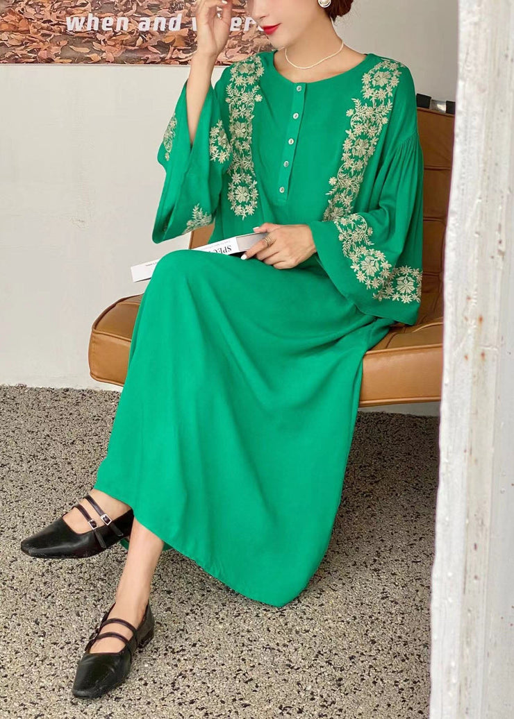 Bohemian Green O-Neck Embroideried Cotton Dress Flare Sleeve