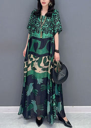 Bohemian Green O Neck Pockets Print Patchwork Silk Long Dresses Summer