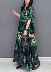 Bohemian black texture O Neck Pockets Print Patchwork Silk Long Dresses Summer