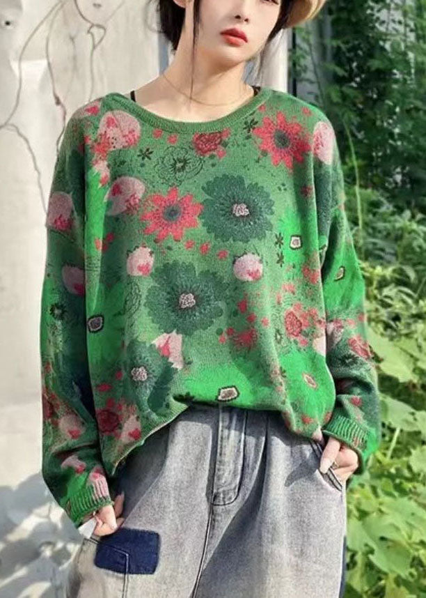 Bohemian Green O-Neck Print Knit Sweater Tops Winter