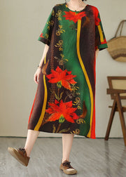 Bohemian Green O Neck Print Patchwork Cotton Dress Summer