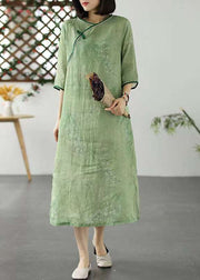 Bohemian Green O Neck Print Patchwork Linen Dresses Summer