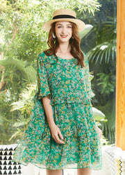 Bohemian Green O-Neck Ruffles Print Chiffon Holiday Dresses Flare Sleeve