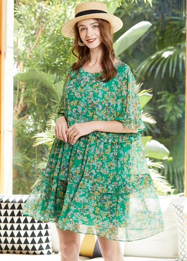 Bohemian Green O-Neck Ruffles Print Chiffon Holiday Dresses Flare Sleeve