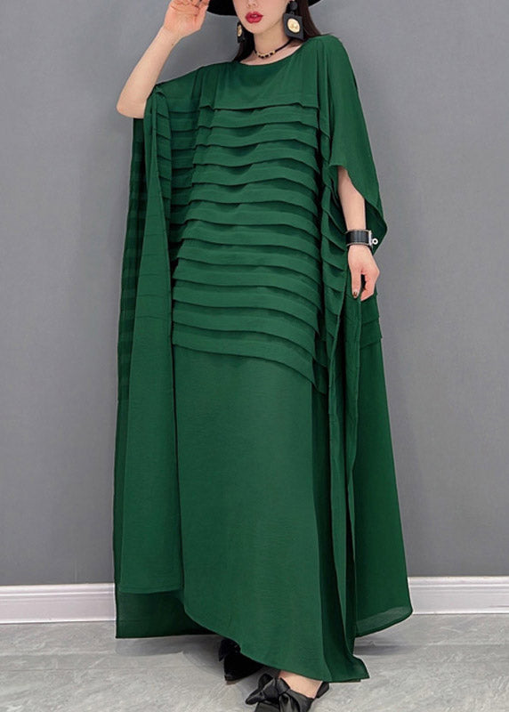 Bohemian Green-print2  O-Neck Striped Chiffon Ankle Dress Batwing Sleeve