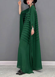 Bohemian Green-print2  O-Neck Striped Chiffon Ankle Dress Batwing Sleeve