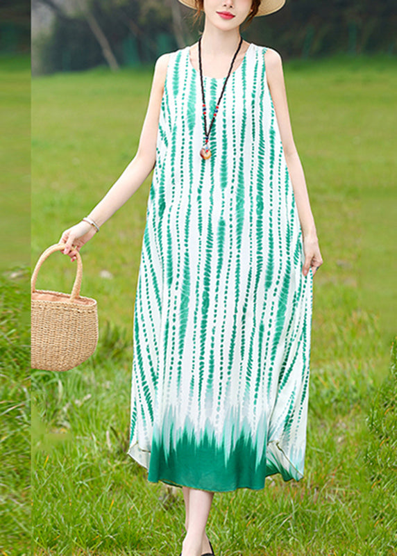 Bohemian Green O-Neck Striped Long Dress Summer