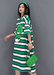 Bohemian Green O-Neck Striped Print Cotton Loose Dresses Short Sleeve