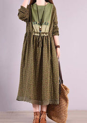 Bohemian Green O Neck Wrinkled Print Patchwork Linen Long Dress Spring