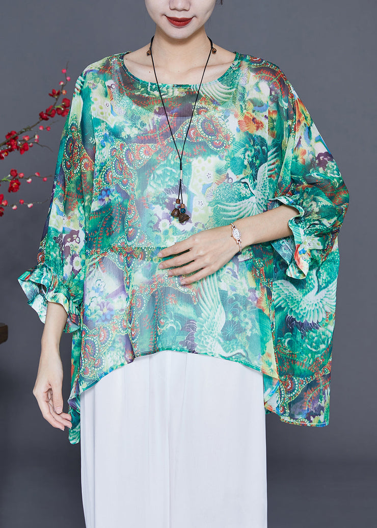 Bohemian Green Oversized Print Silk Tops Batwing Sleeve