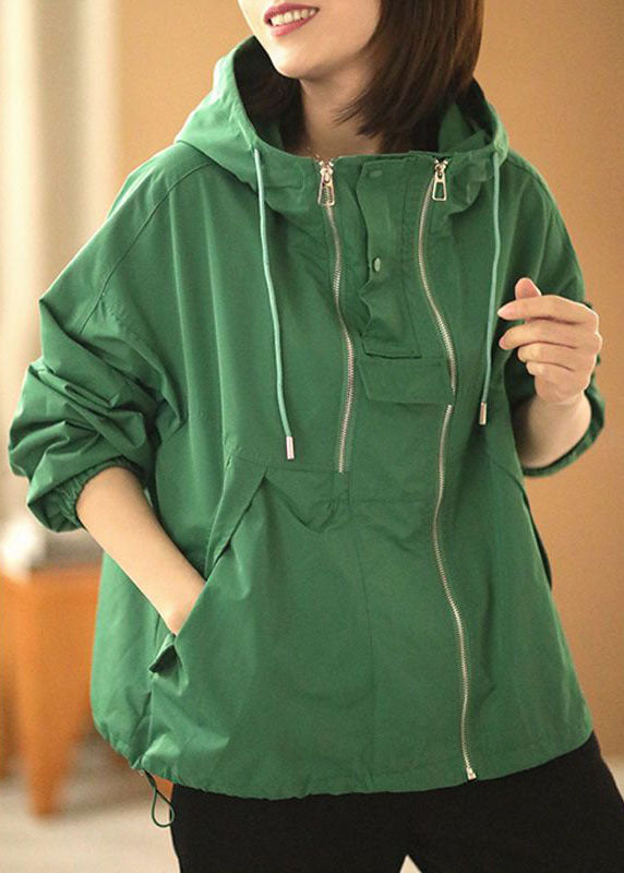 Bohemian Green Oversized Zippered Drawstring Cotton Hooded Coat Long Sleeve