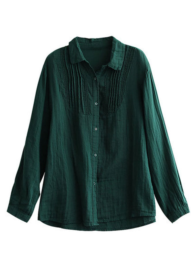 Bohemian Green Peter Pan Collar Wrinkled Solid Cotton Blouses Long Sleeve