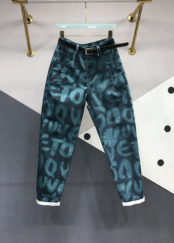 Bohemian Green Pockets Graphic Print Jeans Fall