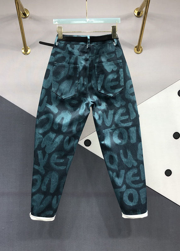 Bohemian Green Pockets Graphic Print Jeans Fall