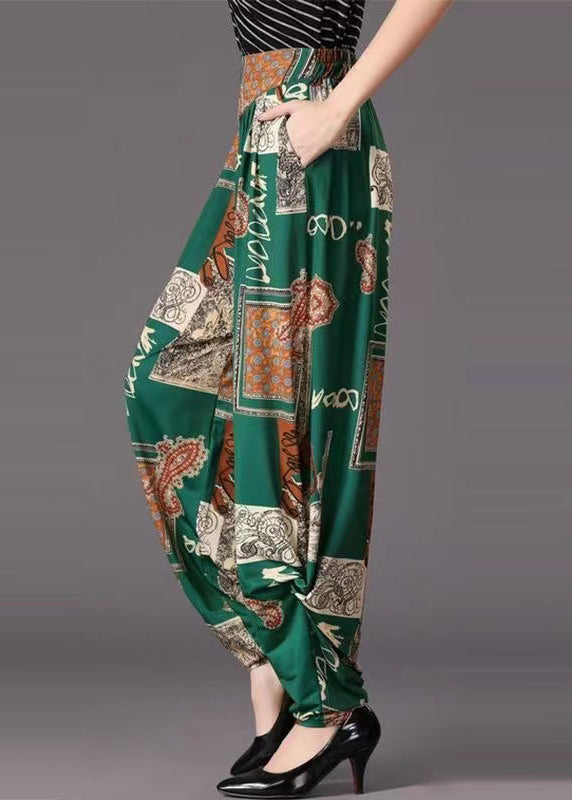 Bohemian Green Pockets Wrinkled Print Cotton Pants Fall