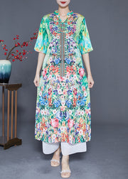 Bohemian Green Print Chinese Button Chiffon Party Dress Summer