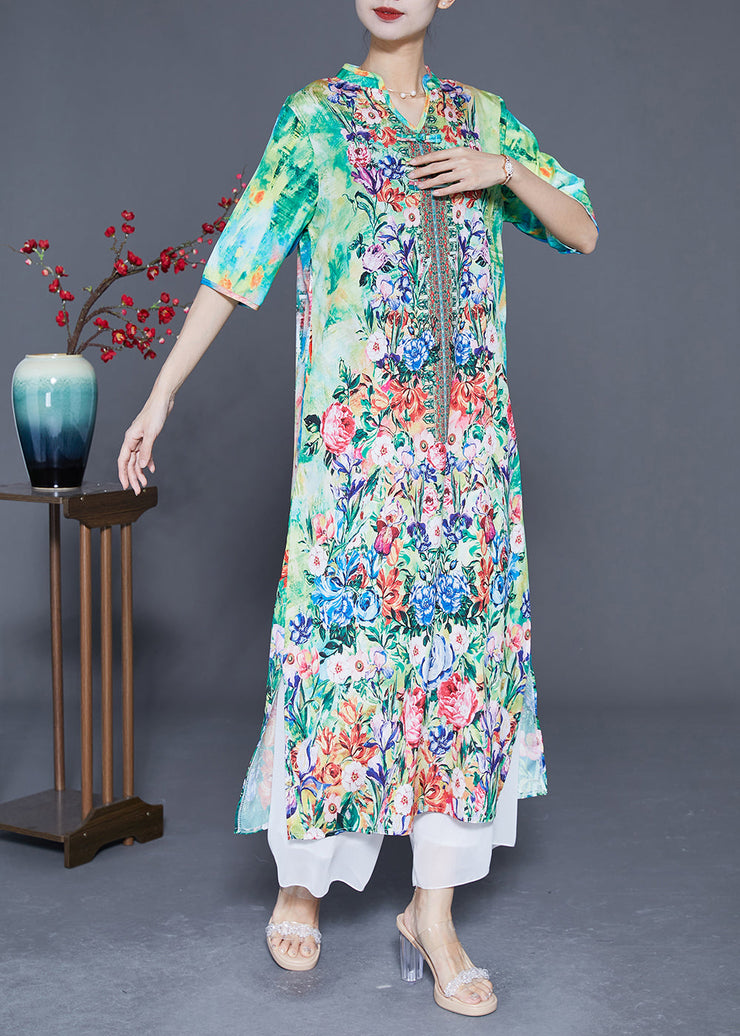 Bohemian Green Print Chinese Button Chiffon Party Dress Summer