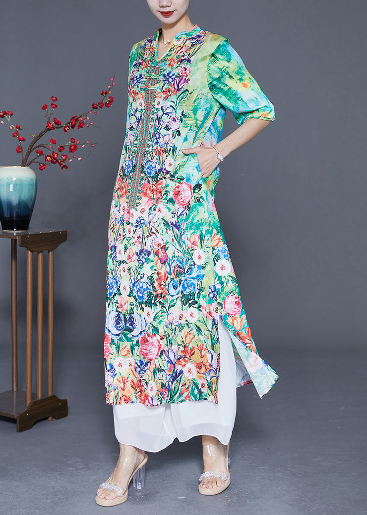 Bohemian Green Print Chinese Button Chiffon Party Dress Summer