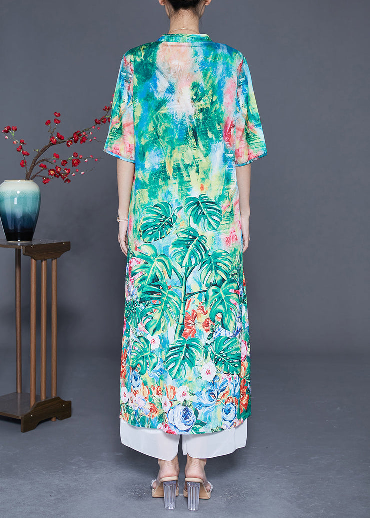 Bohemian Green Print Chinese Button Chiffon Party Dress Summer