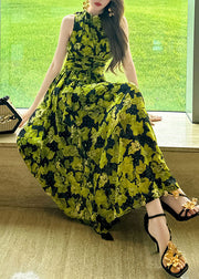 Bohemian Green Print High Waist Chiffon Holiday Long Dress Summer