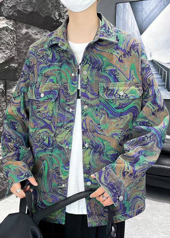 Bohemian Green Print Pockets Men Shirts Coats Fall