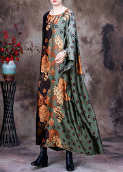 Bohemian Green Print Silk Maxi Dress Batwing Sleeve