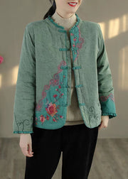 Bohemian Green Ruffled Embroideried Fine Cotton Filled Coats Spring