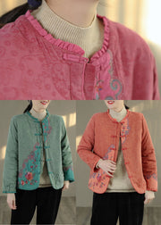 Bohemian Green Ruffled Embroideried Fine Cotton Filled Coats Spring