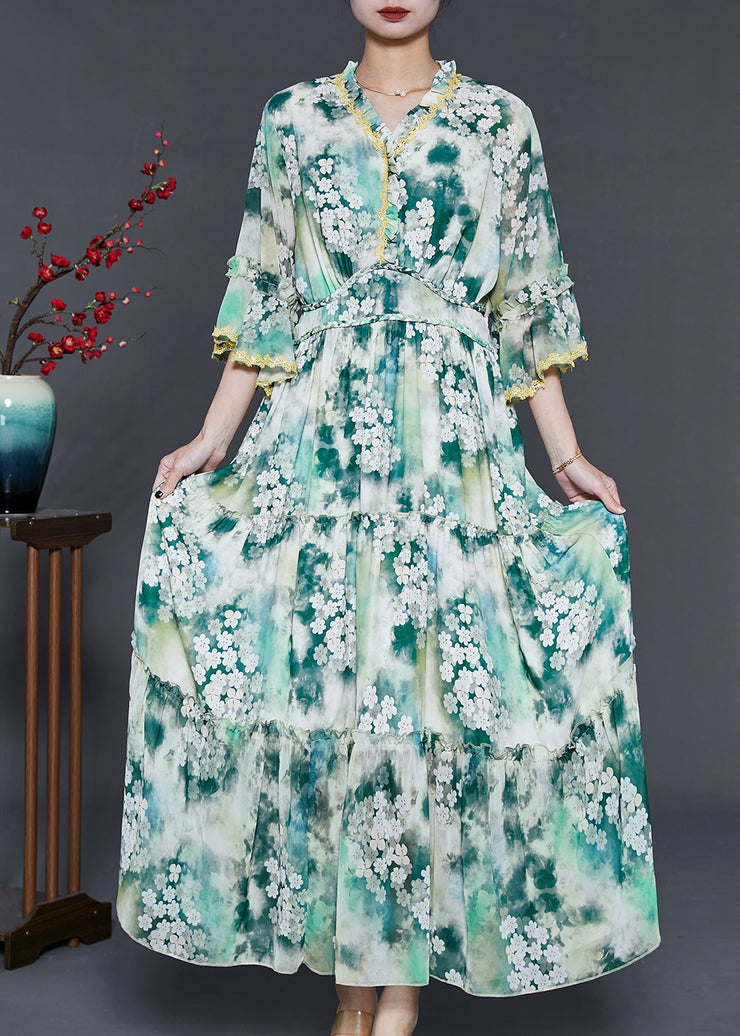 Bohemian Green Ruffled Floral Chiffon Holiday Dress Summer