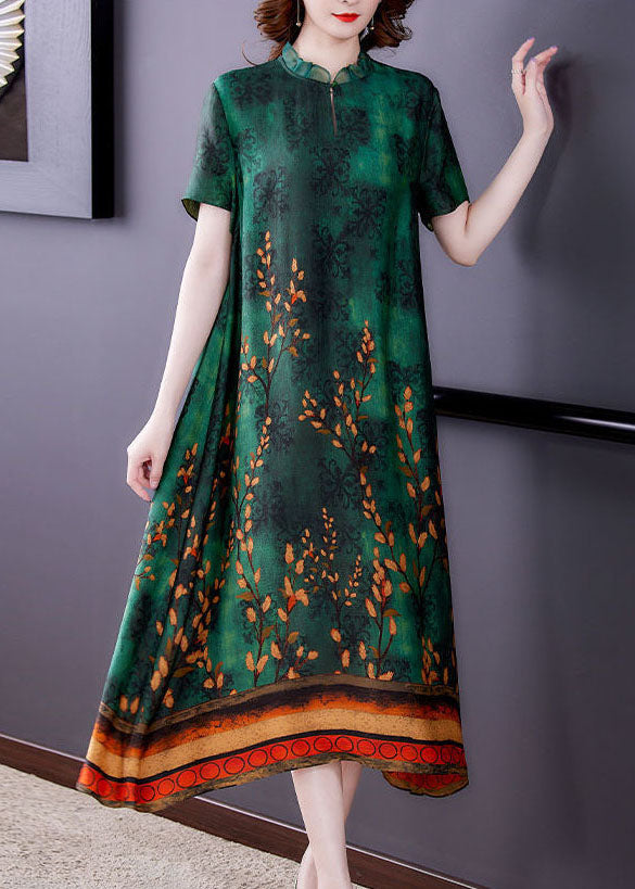 Bohemian Green Ruffled Print Silk A Line Dress Summer