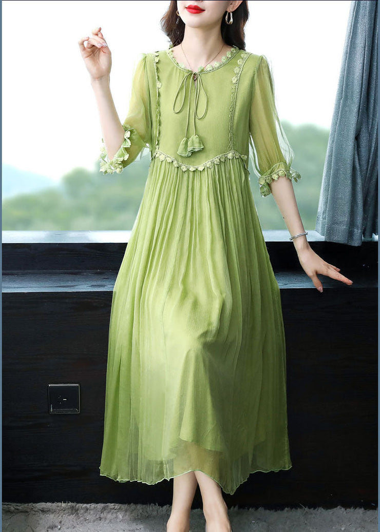 Bohemian Green Solid Color Lace Up Wrinkled Chiffon Dress Half Sleeve