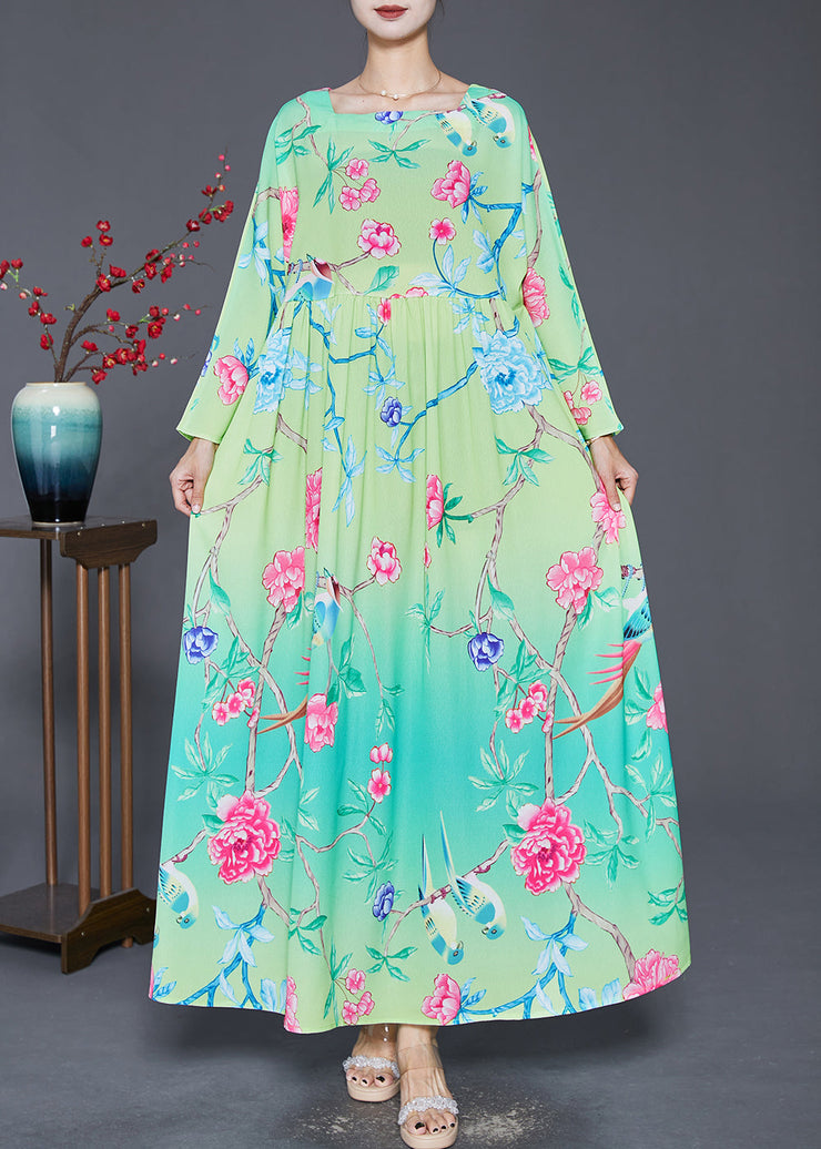 Bohemian Green Square Collar Print Silk Holiday Dresses Fall