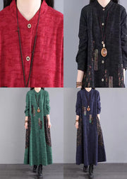 Bohemian Green Stand Collar Patchwork Cotton Long Dresses Fall