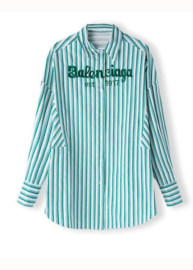 Bohemian Green Striped Graphic Patchwork Cotton Shirts Spring