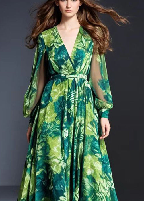 Bohemian Green V Neck Print Chiffon Dresses Fall