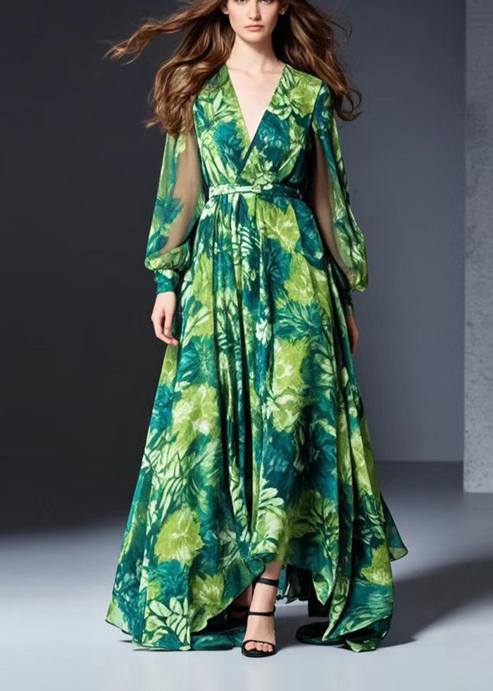 Bohemian Green V Neck Print Chiffon Dresses Fall