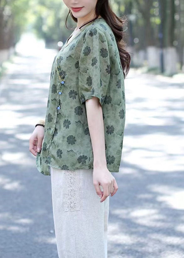 Bohemian Green V Neck Print Patchwork Linen Shirts Summer