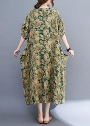 Bohemian Green V Neck Print Wrinkled Holiday Long Dress Summer