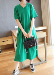 Bohemian Green V Neck Side Open Cotton Long Dress Summer