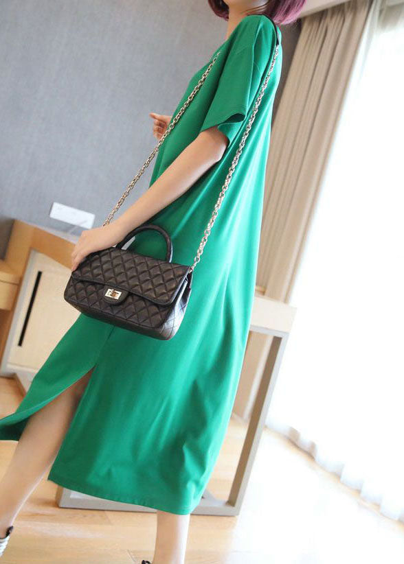 Bohemian Green V Neck Side Open Cotton Long Dress Summer