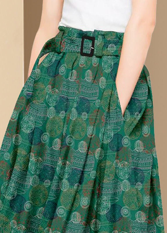 Bohemian Green Wrinkled Pockets Print Patchwork Silk Skirts Summer