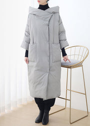 Bohemian Grey Button Pockets Hooded Down Coat Long Sleeve