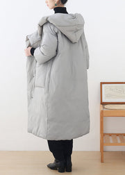 Bohemian Grey Button Pockets Hooded Down Coat Long Sleeve